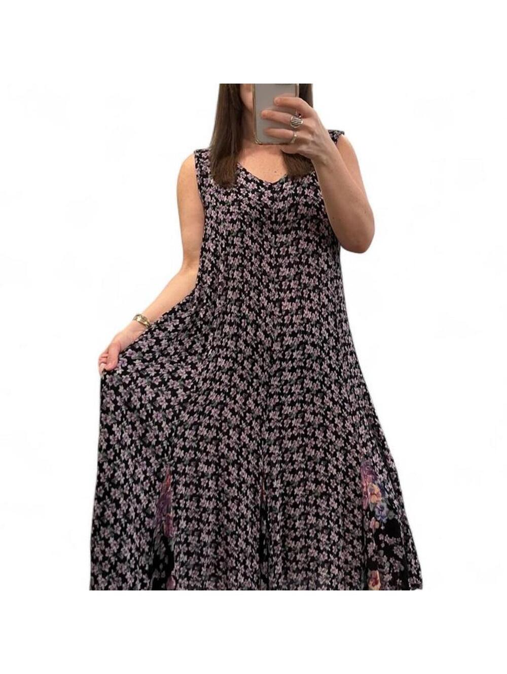 Vintage 90s Black Purple Floral Crinkle Midi Dress Cottagecore Boho Grunge Fairy